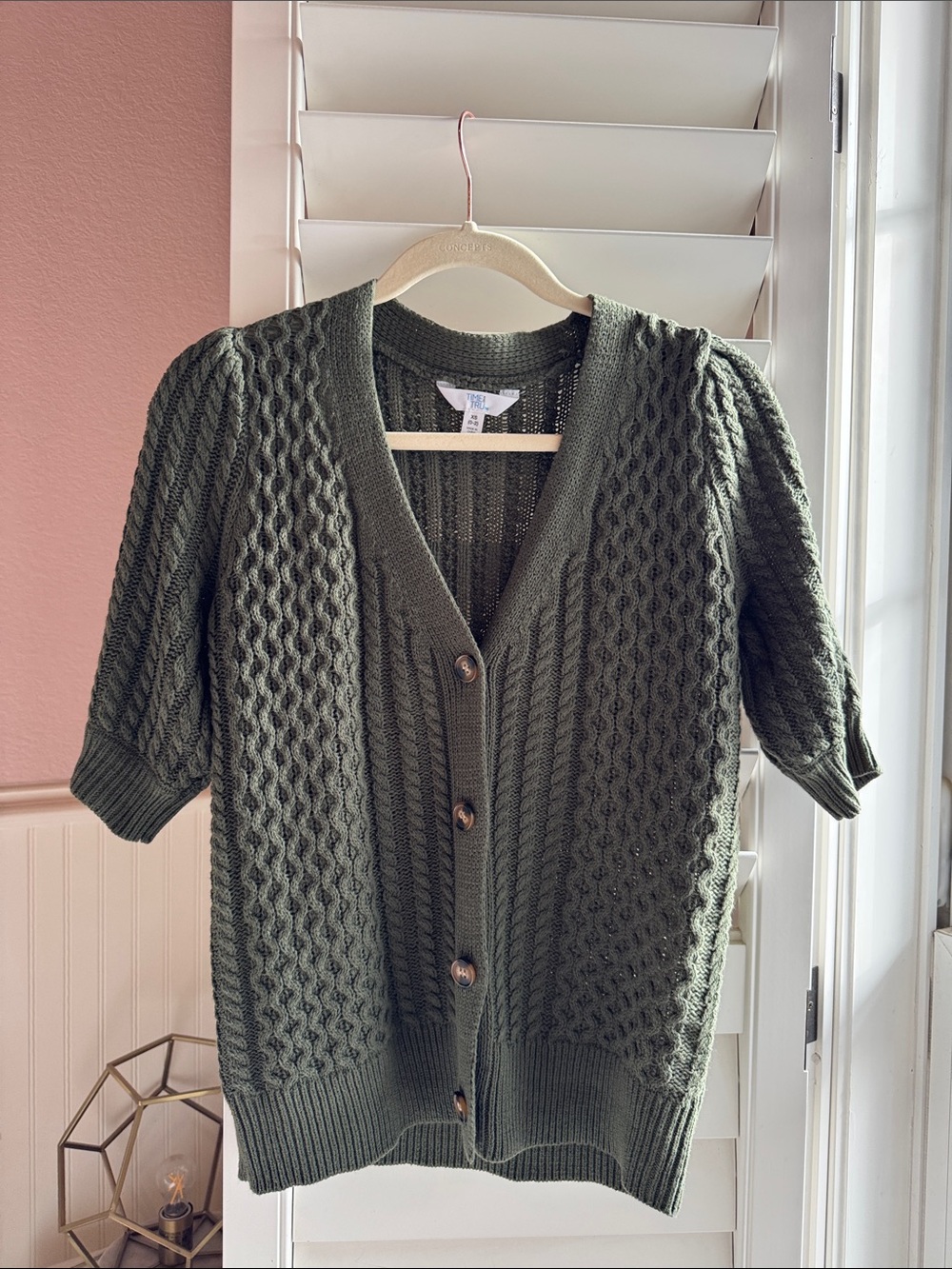 Time and Tru Olive Green Cable Knit Short-Sleeve Cardigan